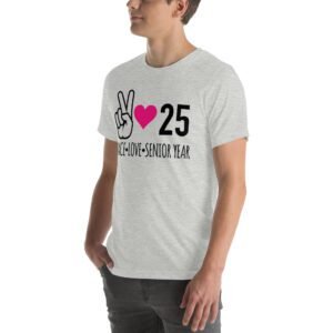 Senior Year Celebration T-Shirt 2025 - Peace Love Senior Year - Available in Multiple Colors and Sizes - 100% Combed Cotton - Lightweight and Comfortable - Perfect for Seniors - On-Demand Production - Reduce Overproduction - Ideal for Senior Year Celebrations - Great for Graduation - Shop Now!