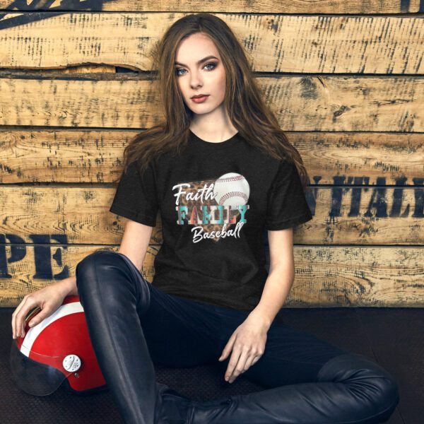 Faith Family Baseball Graphic Tee-shirt in Black Heather, Heather Midnight Navy, Heather Prism Peach, Kelly, Mustard, Pebble, Red, Tan, White - Available in XS-4XL - 100% Cotton - Lightweight & Comfortable - Ideal for Sports Enthusiasts - Image 2