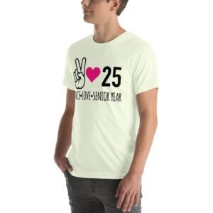 Senior Year Celebration T-Shirt 2025 - Peace Love Senior Year - Available in Multiple Colors and Sizes - 100% Combed Cotton - Lightweight and Comfortable - Perfect for Seniors - On-Demand Production - Reduce Overproduction - Ideal for Senior Year Celebrations - Great for Graduation - Shop Now!