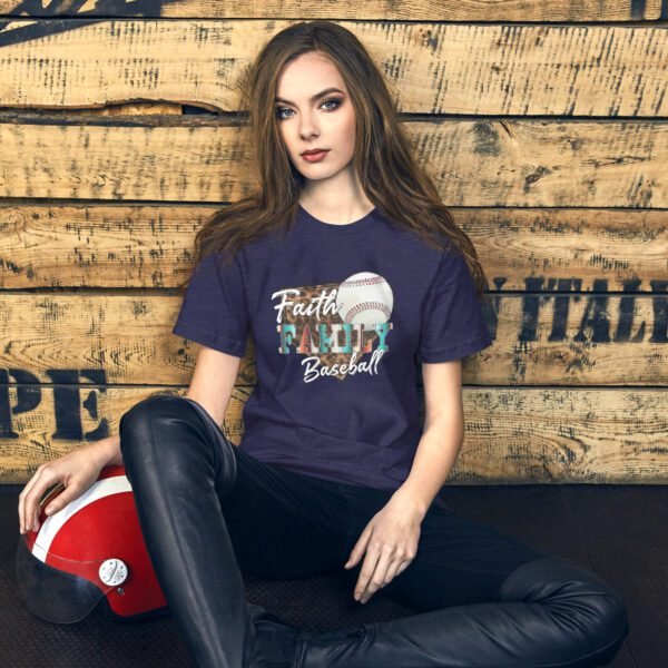 Faith Family Baseball Graphic Tee-shirt in Black Heather, Heather Midnight Navy, Heather Prism Peach, Kelly, Mustard, Pebble, Red, Tan, White - Available in XS-4XL - 100% Cotton - Lightweight & Comfortable - Ideal for Sports Enthusiasts - Image 3