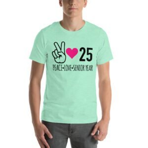 Senior Year Celebration T-Shirt 2025 - Peace Love Senior Year - Available in Multiple Colors and Sizes - 100% Combed Cotton - Lightweight and Comfortable - Perfect for Seniors - On-Demand Production - Reduce Overproduction - Ideal for Senior Year Celebrations - Great for Graduation - Shop Now!