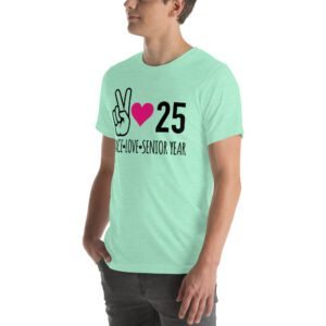 Senior Year Celebration T-Shirt 2025 - Peace Love Senior Year - Available in Multiple Colors and Sizes - 100% Combed Cotton - Lightweight and Comfortable - Perfect for Seniors - On-Demand Production - Reduce Overproduction - Ideal for Senior Year Celebrations - Great for Graduation - Shop Now!