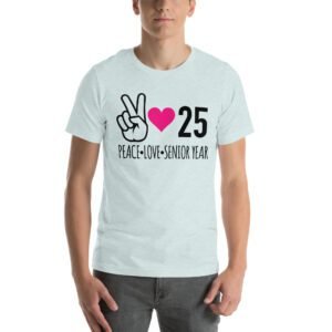 Senior Year Celebration T-Shirt 2025 - Peace Love Senior Year - Available in Multiple Colors and Sizes - 100% Combed Cotton - Lightweight and Comfortable - Perfect for Seniors - On-Demand Production - Reduce Overproduction - Ideal for Senior Year Celebrations - Great for Graduation - Shop Now!