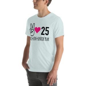 Senior Year Celebration T-Shirt 2025 - Peace Love Senior Year - Available in Multiple Colors and Sizes - 100% Combed Cotton - Lightweight and Comfortable - Perfect for Seniors - On-Demand Production - Reduce Overproduction - Ideal for Senior Year Celebrations - Great for Graduation - Shop Now!