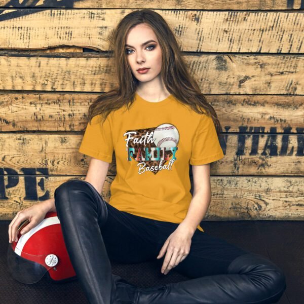 Faith Family Baseball Graphic Tee-shirt in Black Heather, Heather Midnight Navy, Heather Prism Peach, Kelly, Mustard, Pebble, Red, Tan, White - Available in XS-4XL - 100% Cotton - Lightweight & Comfortable - Ideal for Sports Enthusiasts