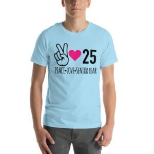 Senior Year Celebration T-Shirt 2025 - Peace Love Senior Year - Available in Multiple Colors and Sizes - 100% Combed Cotton - Lightweight and Comfortable - Perfect for Seniors - On-Demand Production - Reduce Overproduction - Ideal for Senior Year Celebrations - Great for Graduation - Shop Now!