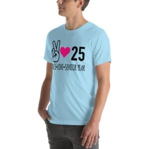 Senior Year Celebration T-Shirt 2025 - Peace Love Senior Year - Available in Multiple Colors and Sizes - 100% Combed Cotton - Lightweight and Comfortable - Perfect for Seniors - On-Demand Production - Reduce Overproduction - Ideal for Senior Year Celebrations - Great for Graduation - Shop Now!