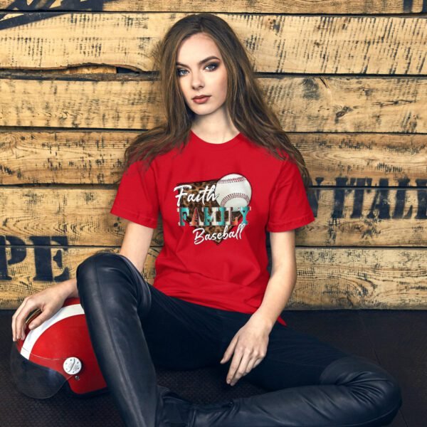 Faith Family Baseball Graphic Tee-shirt in Black Heather, Heather Midnight Navy, Heather Prism Peach, Kelly, Mustard, Pebble, Red, Tan, White - Available in XS-4XL - 100% Cotton - Lightweight & Comfortable - Ideal for Sports Enthusiasts - Image 4