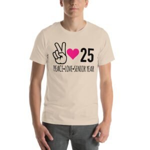 Senior Year Celebration T-Shirt 2025 - Peace Love Senior Year - Available in Multiple Colors and Sizes - 100% Combed Cotton - Lightweight and Comfortable - Perfect for Seniors - On-Demand Production - Reduce Overproduction - Ideal for Senior Year Celebrations - Great for Graduation - Shop Now!