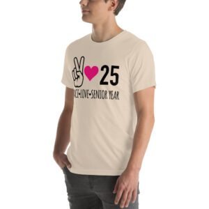 Senior Year Celebration T-Shirt 2025 - Peace Love Senior Year - Available in Multiple Colors and Sizes - 100% Combed Cotton - Lightweight and Comfortable - Perfect for Seniors - On-Demand Production - Reduce Overproduction - Ideal for Senior Year Celebrations - Great for Graduation - Shop Now!