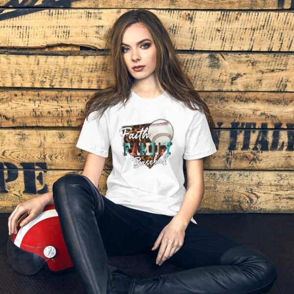 Faith Family Baseball Graphic Tee-shirt in Black Heather, Heather Midnight Navy, Heather Prism Peach, Kelly, Mustard, Pebble, Red, Tan, White - Available in XS-4XL - 100% Cotton - Lightweight & Comfortable - Ideal for Sports Enthusiasts - Image 9