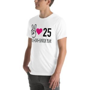 Senior Year Celebration T-Shirt 2025 - Peace Love Senior Year - Available in Multiple Colors and Sizes - 100% Combed Cotton - Lightweight and Comfortable - Perfect for Seniors - On-Demand Production - Reduce Overproduction - Ideal for Senior Year Celebrations - Great for Graduation - Shop Now!