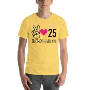 Senior Year Celebration T-Shirt 2025 - Peace Love Senior Year - Available in Multiple Colors and Sizes - 100% Combed Cotton - Lightweight and Comfortable - Perfect for Seniors - On-Demand Production - Reduce Overproduction - Ideal for Senior Year Celebrations - Great for Graduation - Shop Now!