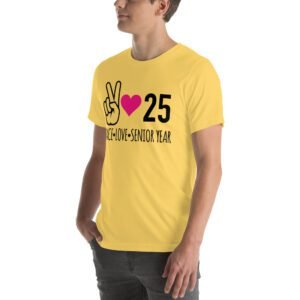 Senior Year Celebration T-Shirt 2025 - Peace Love Senior Year - Available in Multiple Colors and Sizes - 100% Combed Cotton - Lightweight and Comfortable - Perfect for Seniors - On-Demand Production - Reduce Overproduction - Ideal for Senior Year Celebrations - Great for Graduation - Shop Now!