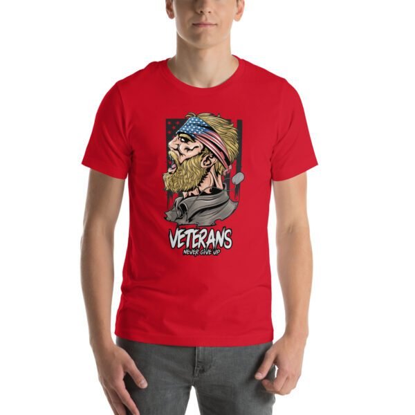 Veterans Never Give Up Tee-Shirt in Aqua, Berry, Gold - Patriotic Apparel for Heroes
